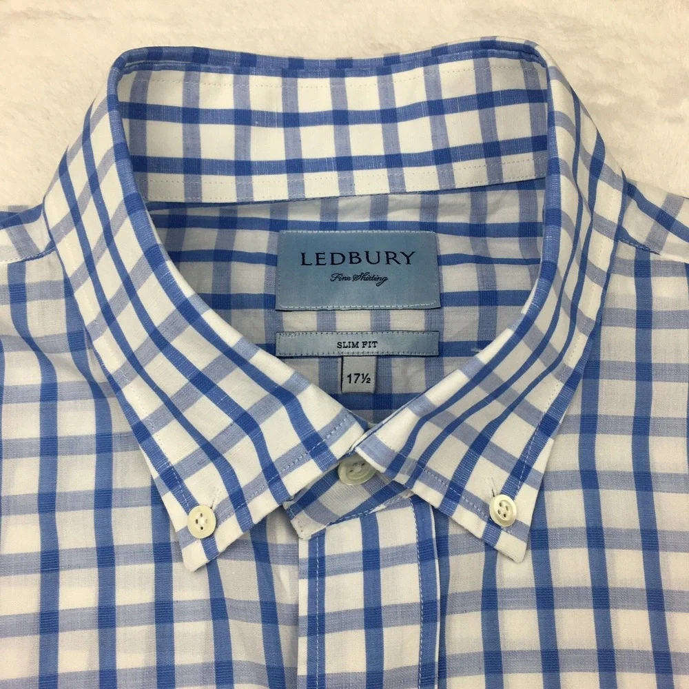 Ledbury Shirt Mens 17.5 Blue/White Checks Slim Fit Cotton/Linen Blend